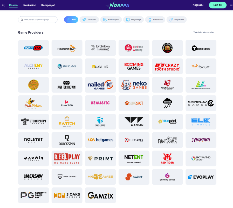 Norppa Kasino tarjoaa 51 erilaista pelinvalmistajaa, joista jokaiselle löytyy varmasti jotakin.